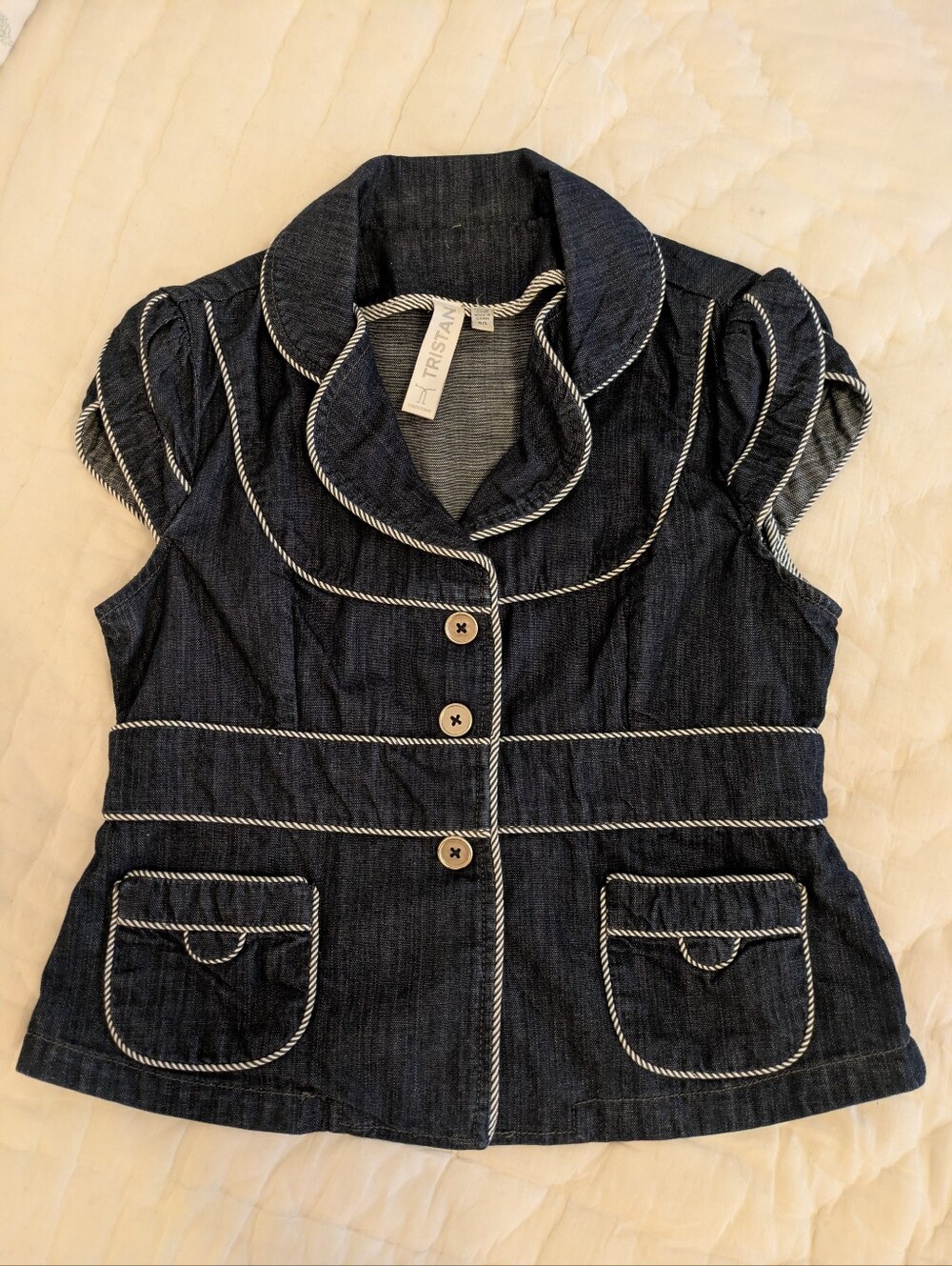 Dark Navy Dressy Denim Vest with White/Blue Pinstripe Piping- M/L- Like New